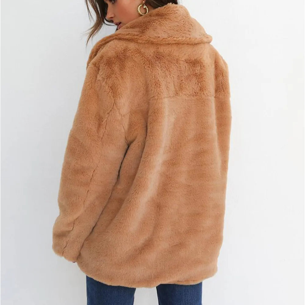 Jaycosin Fashion Women Winter Keep Warm Loose Fluffy Fleece Fur Jacket Stylish Long Sleeve Comfortable Soft Collar Fur Coat118#4