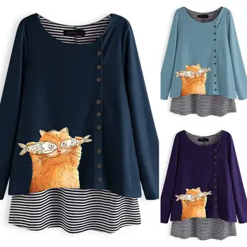 

Tops Blusas ZANZEA Women's Blouse Plus Size Ladies Casual Loose Patchwork Stripe Cat Printed Shirt O Neck Tunic Chemiser Mujer