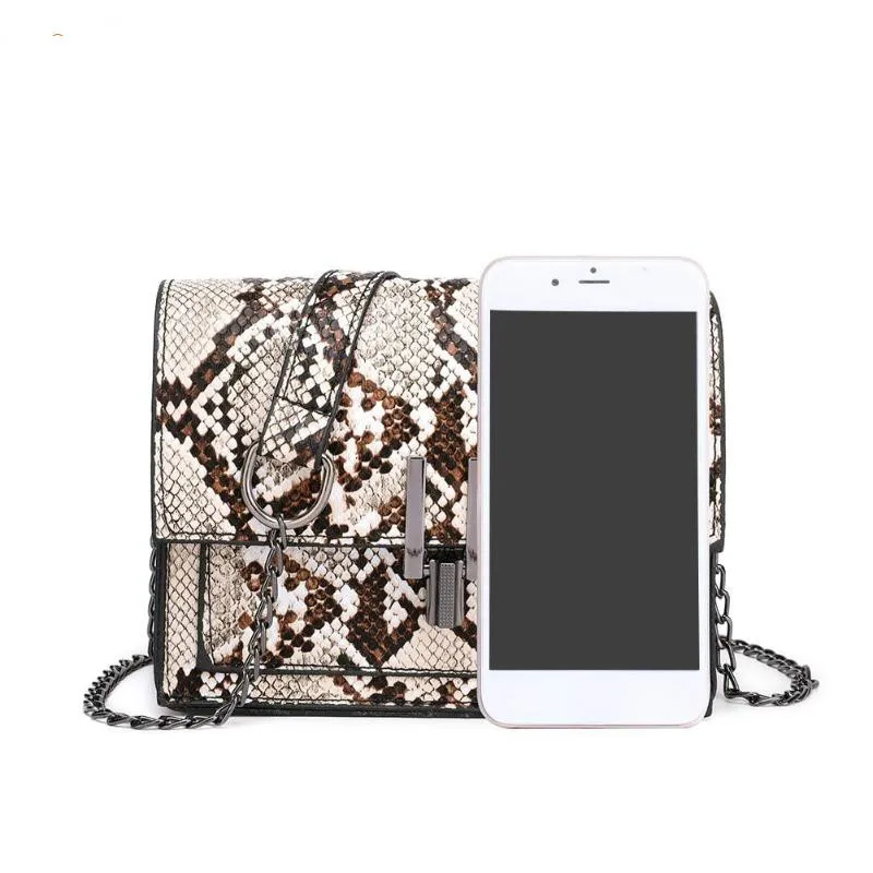 New Fashion Small Snake Print Flap Shoulder Bag Female PU Leather Chain Crossbody Bags for Women Size 17x13x7cm