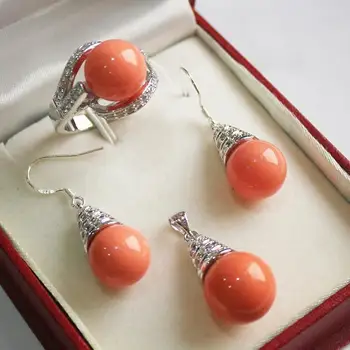 

noble and decent 12mm salmon pink shell pearl pendant, earrings ring(7-10#)sets for valentine's day gift
