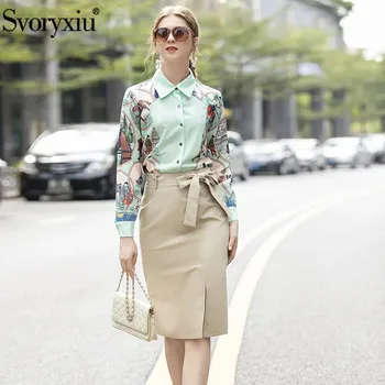 

Svoryxiu Runway Designer Summer Office Lady Skirt Suit Carriage Character Print Shirt And Slim Slit Skirt 2 Piece Set