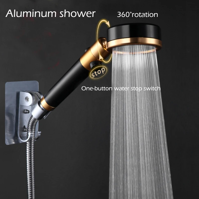 

Metal Shower Shower Watering Can Shower Head Gold Aluminum pressurized Shower head Free rotation and shaking head one-key switch