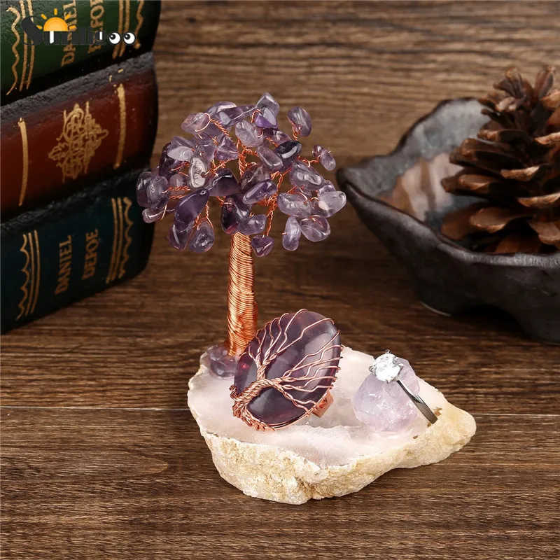 Sunligoo 1x мини натуральный кристалл денежное дерево румяный драгоценный камень бонсай дерево и сырой Агат кварц Geode база фэн шуй хрустальные статуэтки