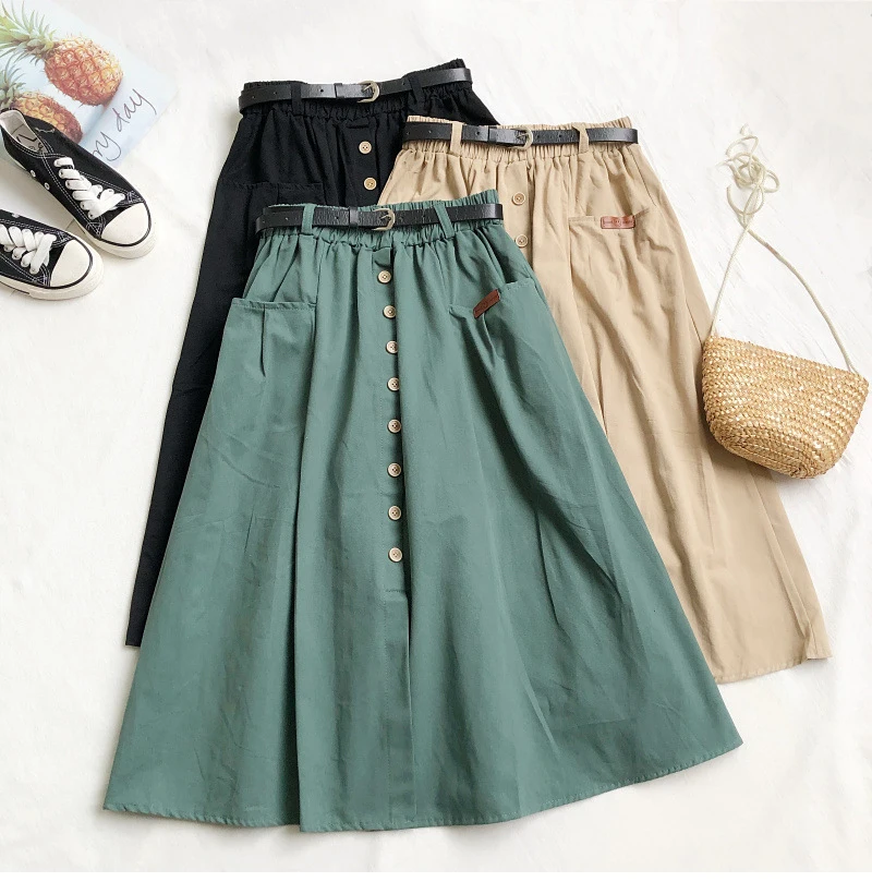 

Casual Cotton Midi Long Skirt Women 2021 Autumn Korean Button Pocket Belt A Line High Waist Mid-length Skirt Female Green VD2288
