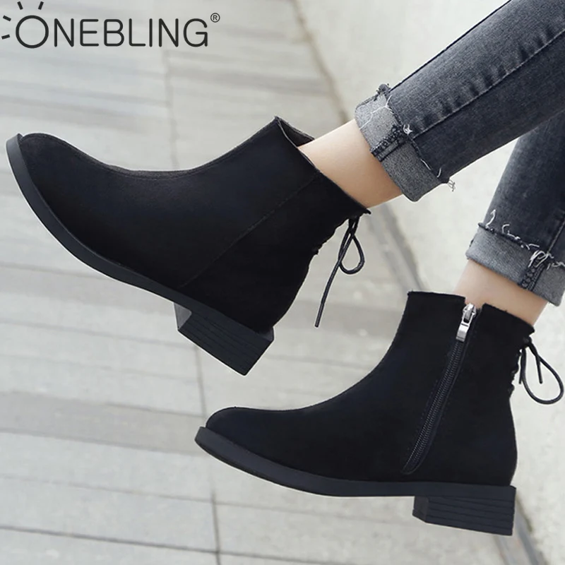 

OneBling Black Faux Suede Martin Boots Women Ankle Boots 2019 Winter Square Heels Boots Side Zipper Back Lace-up Ladies Shoes