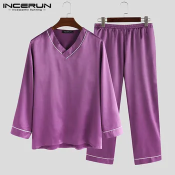 

Unisex Pajamas Sets Long Sleeve Breathable Men Sleepwear Soft V Neck Nightgown 2 Pieces Loose Couple Pyjamas Sets S-5XL INCERUN
