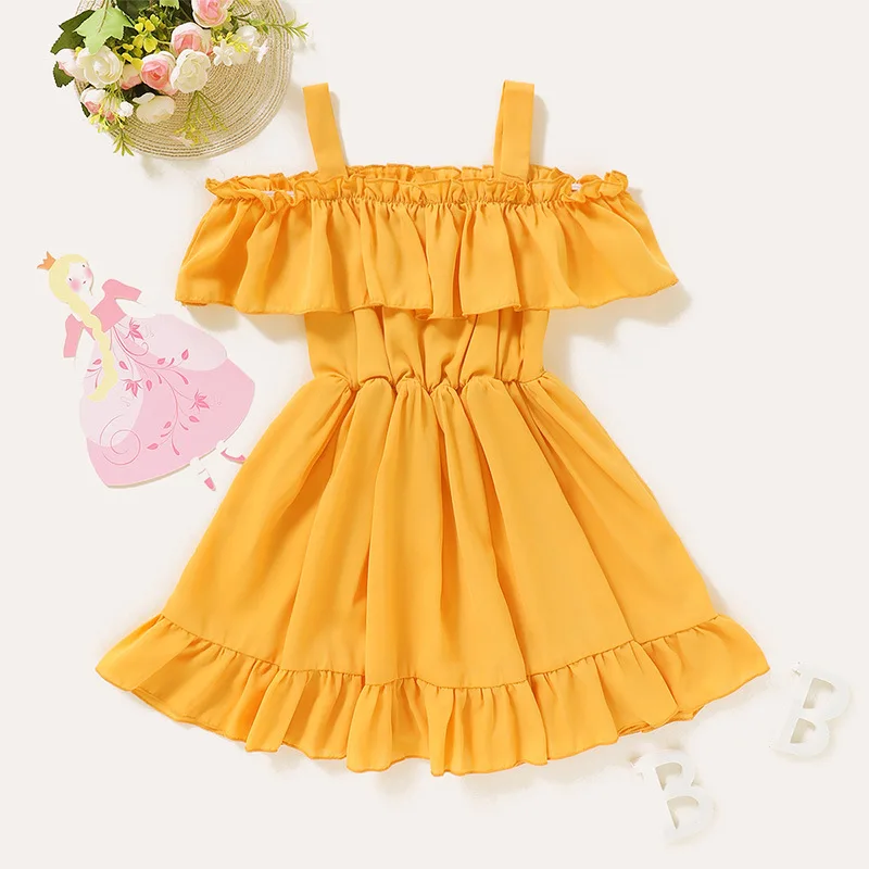 Summer 2020 Girls Dress Cute Strap Slash Neck Ruffles Solid A-line Vestidos 12M-5T | Детская одежда и обувь