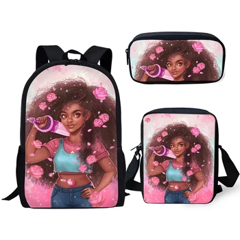 

Fashion 3PC/Set Cartoon Students Backpack Kawaii African Girls Pattern Kids School Bags Black Afro Arts Women Travel Bags