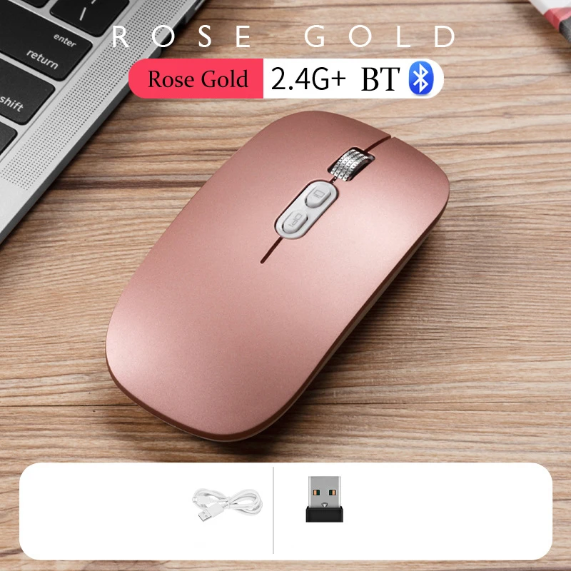 Bluetooth мышь компьютер двойной режим 2,4G Беспроводная игровая мышь оптические мыши для Macbook lenovo ASUS DELL hp ноутбук ПК компьютер - Цвет: Rose gold with BT