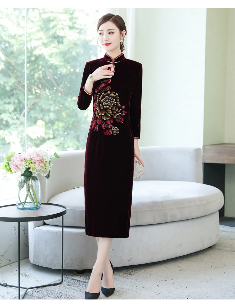 ASYH-8232# платье для мамы; Cheongsam pleuche; цвет винный, красный; платья для свадебной вечеринки; длинное платье для дочери; ; женское платье среднего возраста