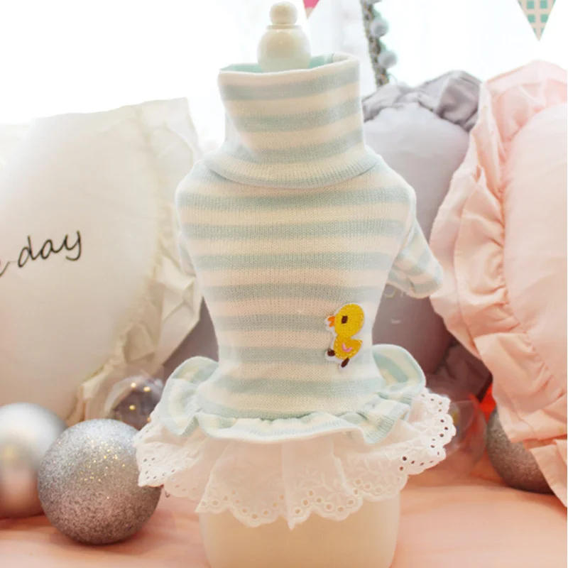 Утят платье для собак для питомцев YorkshireTeddy кота одежда; сезон весна-осень; в полоску; свитер для собаки, для питомца одежда - Цвет: Синий