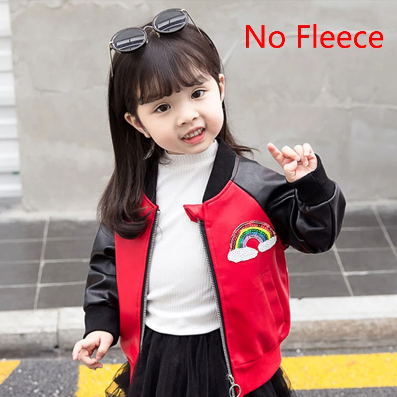 no fleece red Кожаная байкерская куртка с блестками и героями мультфильмов модная детская одежда для девочек на осень и зиму теплая хлопковая бейсбольная ветровка для маленьких девочек - Цвет: no fleece red