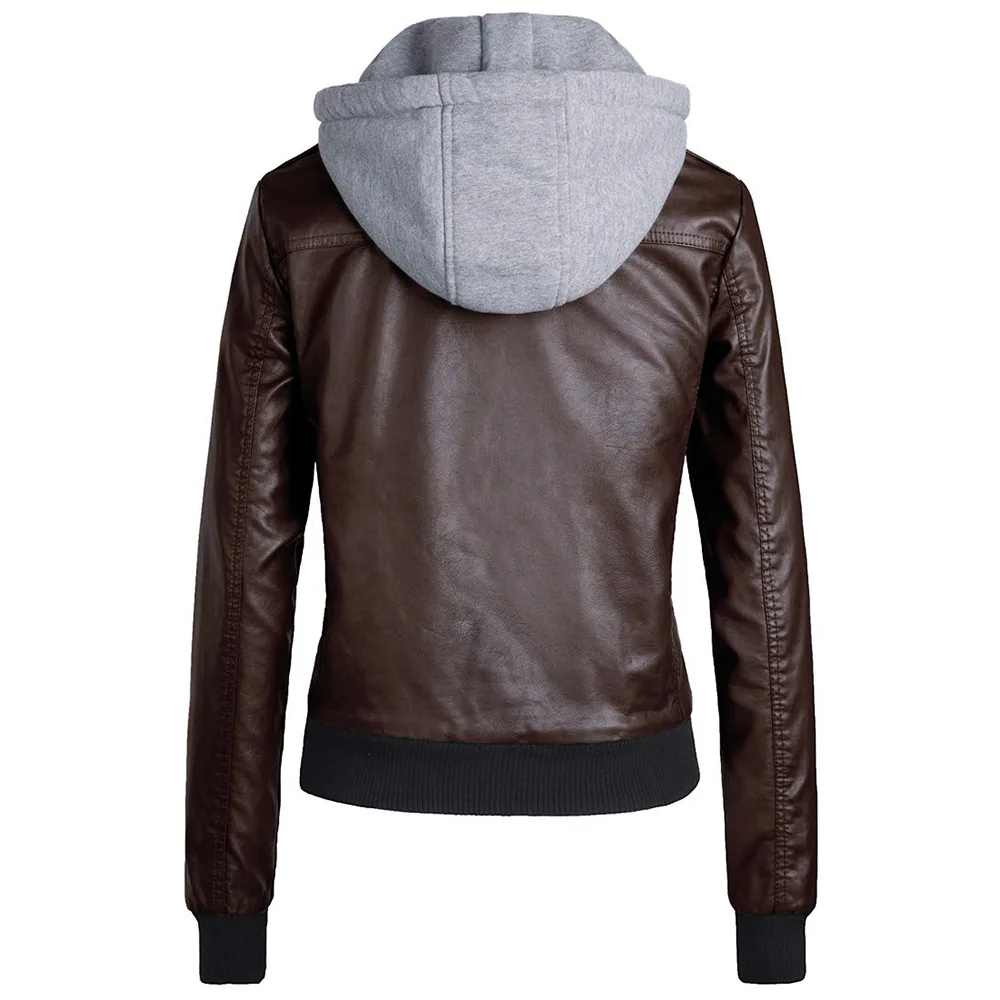 Winter Ladies Plush Hooded Short Faux Leather PU Jacket Girl Long Sleeve Plus Size Brown Biker Jacket Women Fashion Female Coat