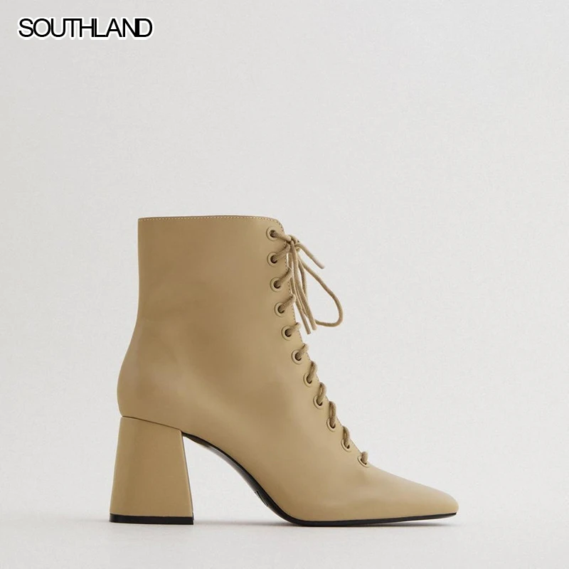 SOUTHLAND Women's Shoes Autumn Camel Brown Boots Lace up with side Zippers Boots Leather High heel Chunky Short boot for Female