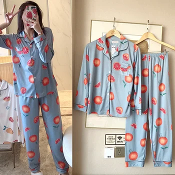 

Women Pajamas Set V-neck Cartoon Fruit Print Top + Trousers Fashion Casual Girl Long-sleeved Pajamas Set