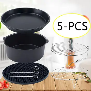 

5pcs/set 7 Inch Air Fryer Accessories Baking Pizza Pan Cake Barrel Grill Rack Insulation Mat for 3.7QT 4.2QT 5.3QT 5.8QT