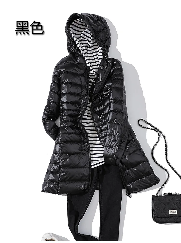 Черный Sanishroly S-7XL Winter Women Midi Long Hooded Jacket Ultra Light Down Coat Parka Female White Duck Down Outerwear Plus Size 735 - Цвет: Черный
