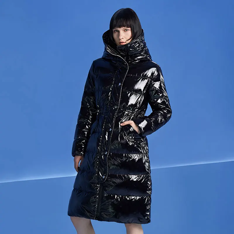 Black 90% топ белый утиный пух женские зимние куртки парка блестящая куртка с капюшоном пальто женский воротник-стойка тонкая верхняя одежда теплая HS778 - Цвет: Black