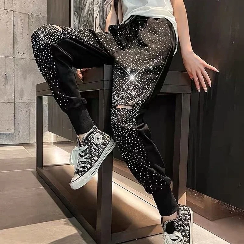 New Style Diamond-studded Hole Korean Knitted Ice Silk Ankle-length Trousers High Waist Harem Pants Women