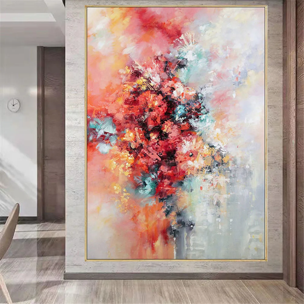 

100% Hand-painted Abstract Watercolour Orange Red Flower Oil Painting On Canvas Poster Wall Art Home Room Decor Picture Mural