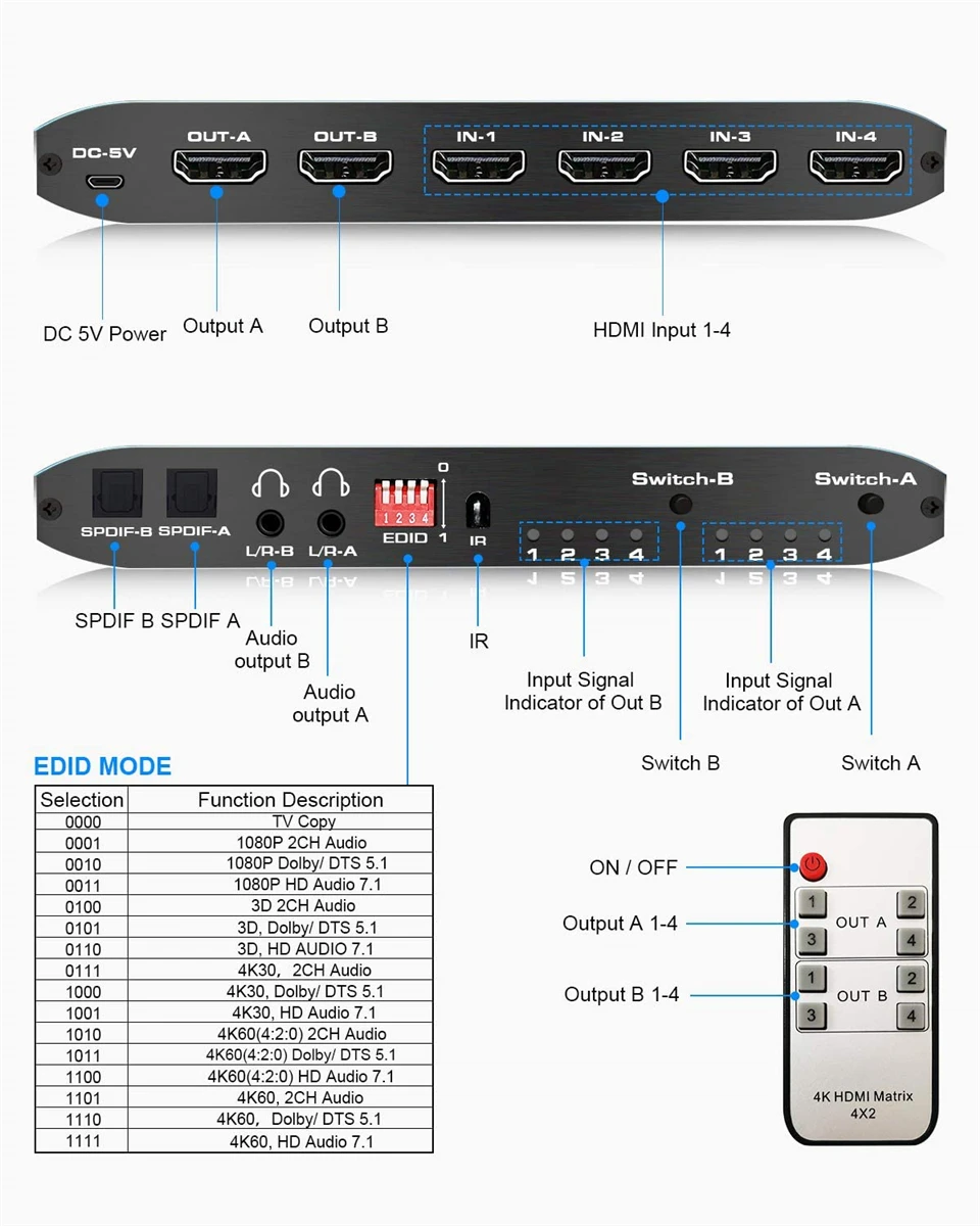 Compatível do Interruptor Divisor do Interruptor da Matriz de 2022 4x2 com Spdif e l 60hz para Ps5 Hdmi-suporte 4x2 Hdcp 2.2 Arc 3d 4k @ - r 3.5mm Hdr - Image 5