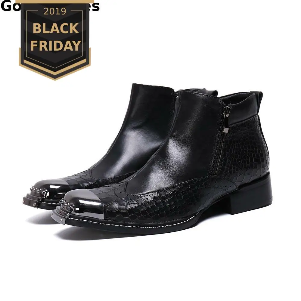 Classic Black Genuine Leather Men Boots Wing Tip Snake Skin Printed Steel Cap Toe Men Short Work Ankle Boots Office Dress Boots
