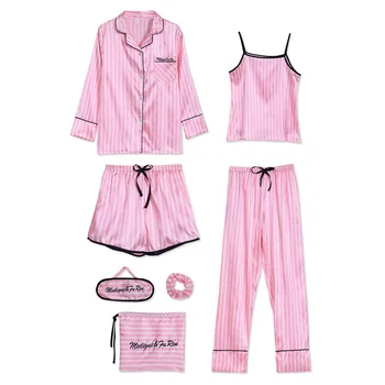

Women 7pcs Pajamas Sets Spring Summer Faux Silk Pajamas Print Shorts Long Sleeve Top Elastic Waist Pants Sleepwear Sets Lingerie
