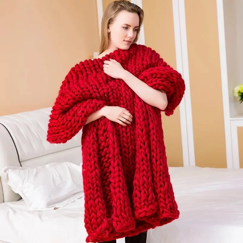 Одеяло с толстой нитью, ручная вязка, акриловое одеяло, узкая Скандинавская мебель, украшение интерьера, покрывало для дивана, одеяло - Цвет: Красный