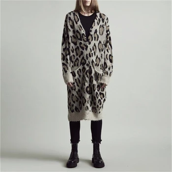 

Autumn Winter New Leopard Sweater Women's European Style Cardigan Women Fashion 2019 Sweater Femme Long Cardigan Knitted Sweater