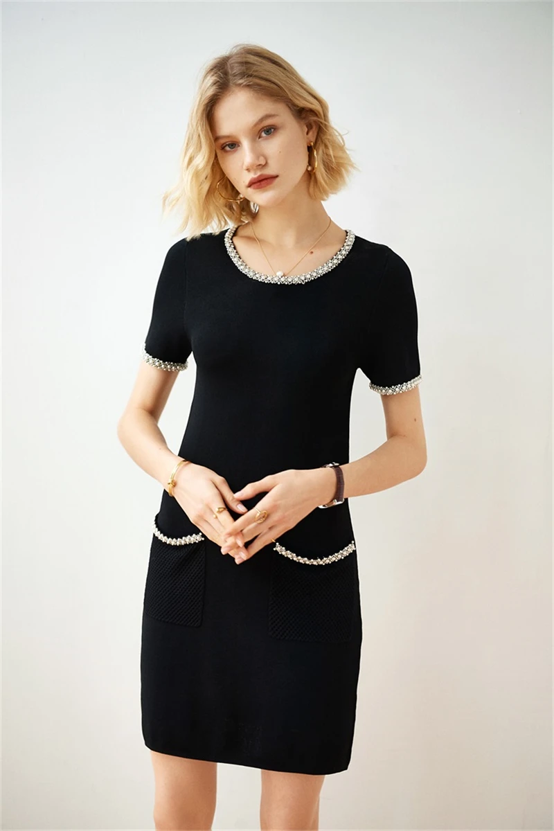 Tunjuefs Slim Fit выдалбливают карманы вязаное платье для женщин Vestido жемчужное Бисероплетение элегантное облегающее платье пуловеры комбинезон
