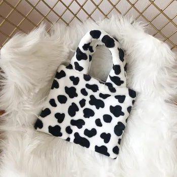 

Plush Cartoon Handbags Winter Shoulder Bag Cute Milk Cow Pattern Hand Bag Women Solid Color Ladies Bag Tote Chiristmas Gift Bag
