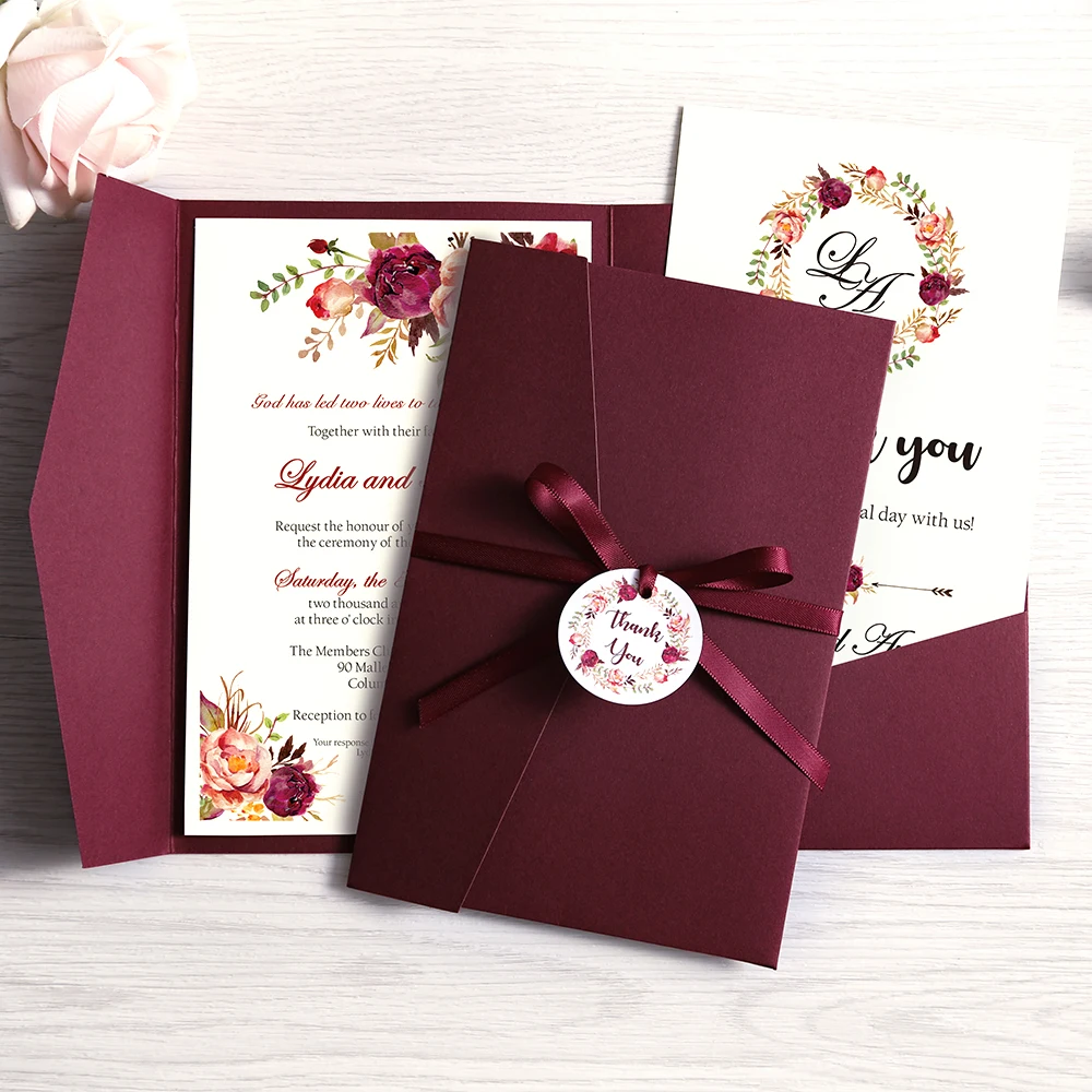 100pcs Wedding Invitations Blue Pocket Burgundy Greeting Cards with Envelope Customized Party with Ribbon and Tag