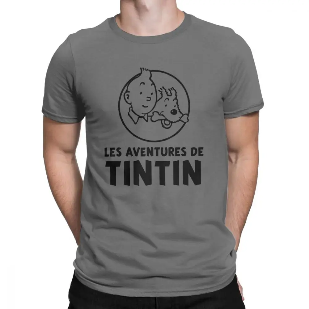 TinTin «Приключения Тинтина» футболка для Мужская из чистого хлопка Забавные футболки с круглым вырезом футболка одежда с короткими рукавами лето - Цвет: charcoal gray