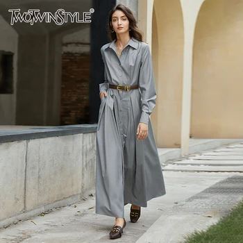

TWOTWINSTYLE Casual Ruched Women Dress Lapel Lantern Sleeve High Waist Maxi Shirt Dresses Female 2020 Fall Fashion New Stylish