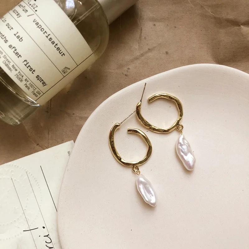 INKDEW Korea Design Metal Gold Drop Earrings Baroque Irregular Circle Square Natural Freshwater Pearl Earrings for Women Girls