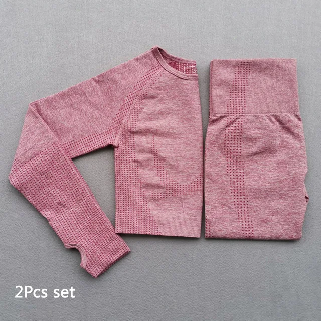 Pink 2pcs set Женский бесшовный комплект для йоги, одежда для фитнеса, спортивная одежда, женские леггинсы для спортзала, леггинсы с эффектом пуш-ап, укороченные рубашки, спортивные костюмы - Цвет: Pink 2pcs set