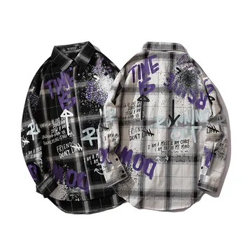 

#1434 Autumn Plaid Shirt Men Long Sleeve Graffiti Letter Print Loose Asymmetrical Men's Shirt Fashions Hip Hop Shirts For Men