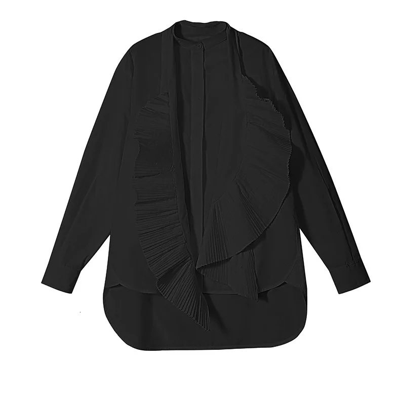 [EAM] Женская плиссированная однотонная блузка, новая рубашка свободного кроя с воротником-стойкой и длинным рукавом, модная весенняя Осенняя 1A178