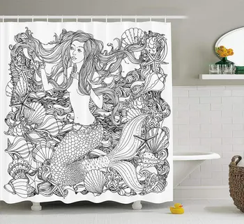 

Mermaid Decor Collection, Mermaid with Artistic Design Seashells Starfish Seaweed Illustration Curve Image, Polyester Fabric