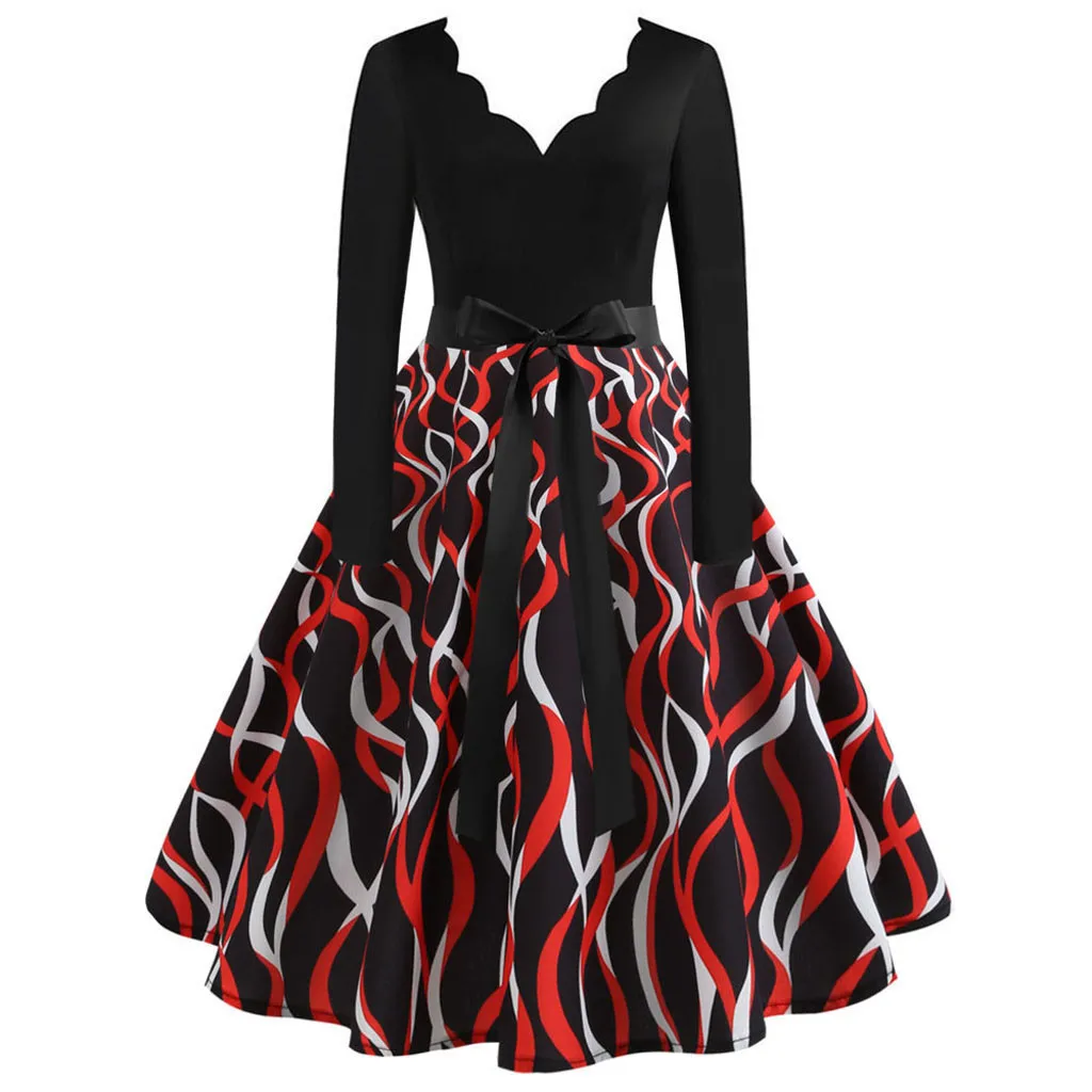 

Long Sleeve Winter Dress Women Plus Size Vintage Party Dresses Elegant Knee Length Black A line Dress Robe Femme Swing Casual