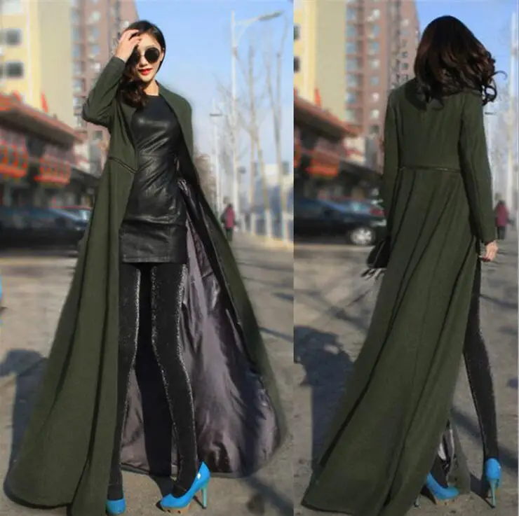 Goddess Slim Fit похудение Большой Подол щель Mopping Exta-длинное шерстяное пальто Тренч