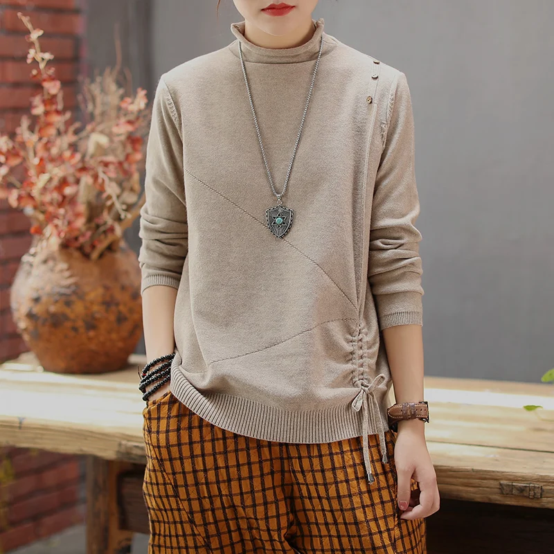 new solid-color undershirt loose knitted long-sleeved blouses Turtleneck Pullovers with drawstring women sweaters Z3
