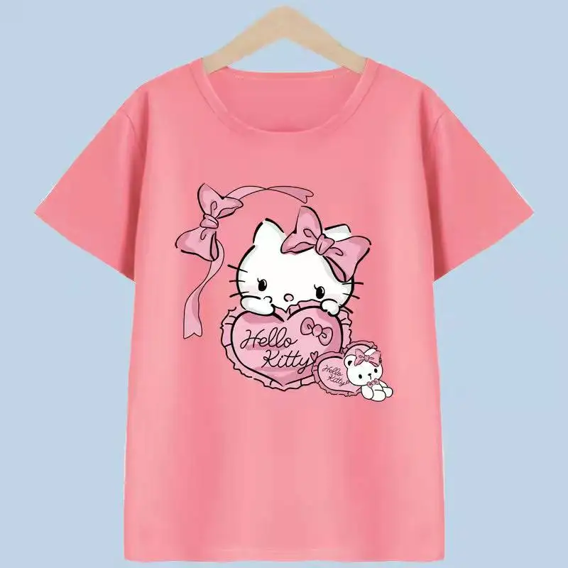 thumbnail image 1 of Hello Kitty nueva camiseta de dibujos animados para niños de primavera y verano, camisa de algodón transpirable para niñas, pantalón corto informal de manga corta para niños, 1 of 4
