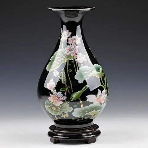 Oriental Chinese Hand-Painted Black Lotus Flowers Drop Shape Vase