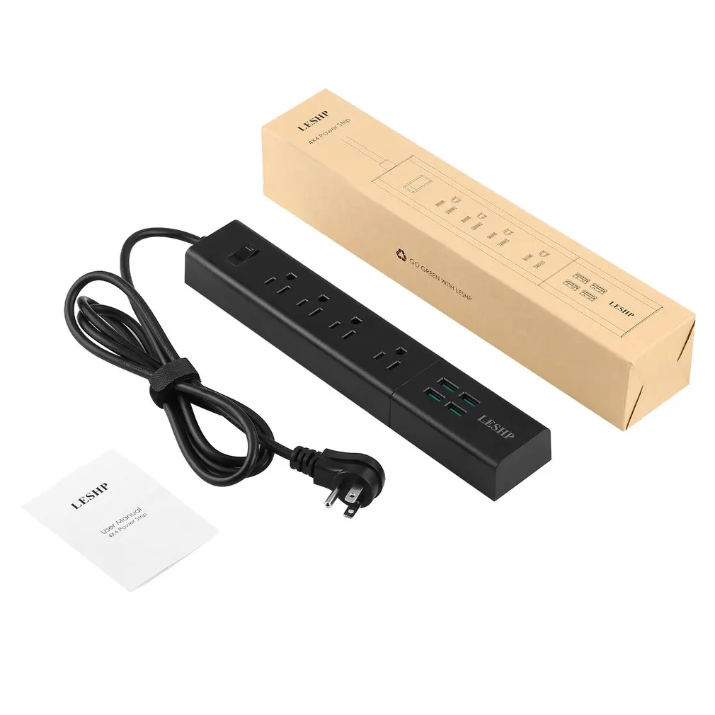 

LESHP Socket AC 4-Outlet Power Strip Right-Angle Flat Plug With 4 USB Port for Workbench Nightstand Dresser Home & Office