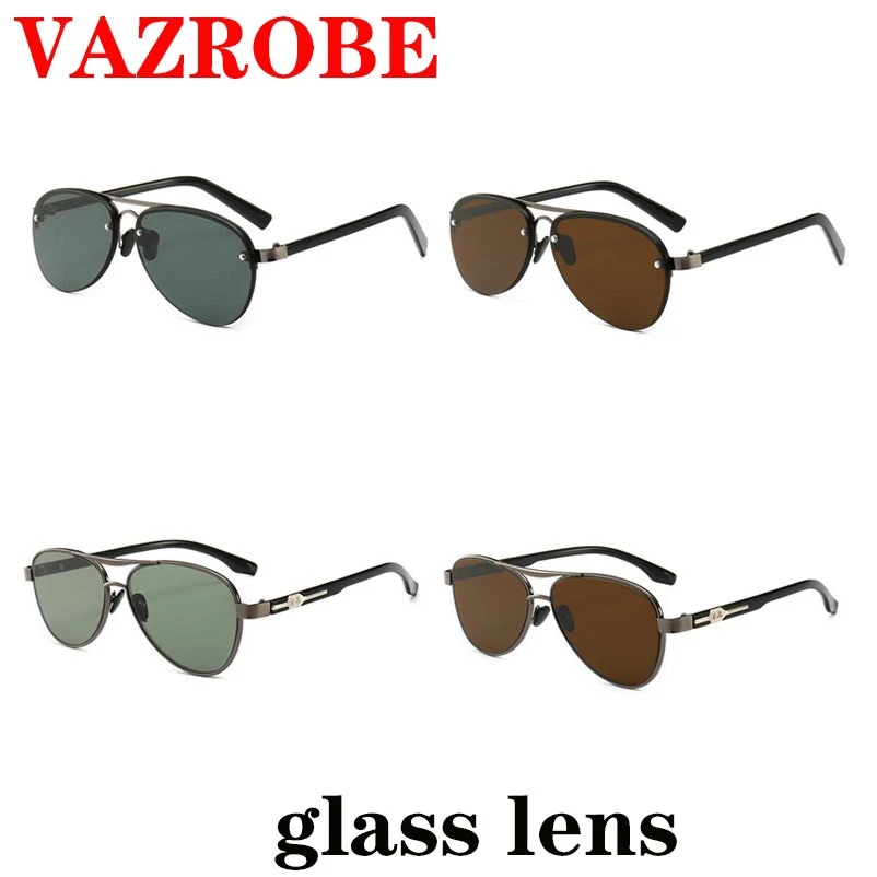 Vazrobe gafas de sol de vidrio hombres gafas de sol de aviación hombre grandes sin montura Vintage marrón cristal lente Anti arañazos HD|De los hombres gafas de sol| -