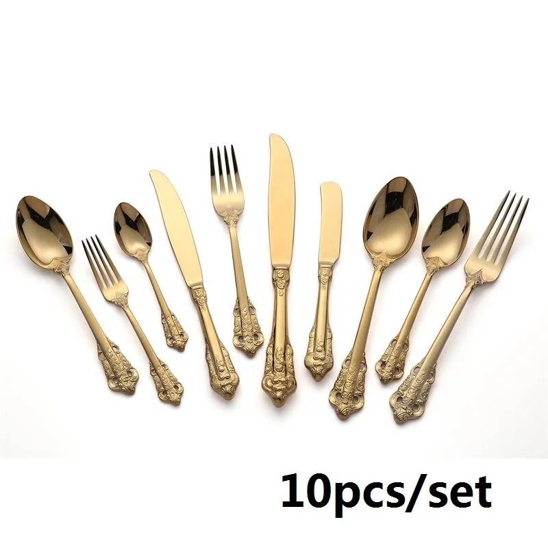 Gold 10pcs 1 set 10 шт./компл. обеденный комплект ювелирных изделий Золотой столовые приборы золотой комплект Свадебная Рождественская столовая Посуда Рождественский подарок Нержавеющая сталь нож, вилки чайная ложка - Цвет: Gold 10pcs 1 set