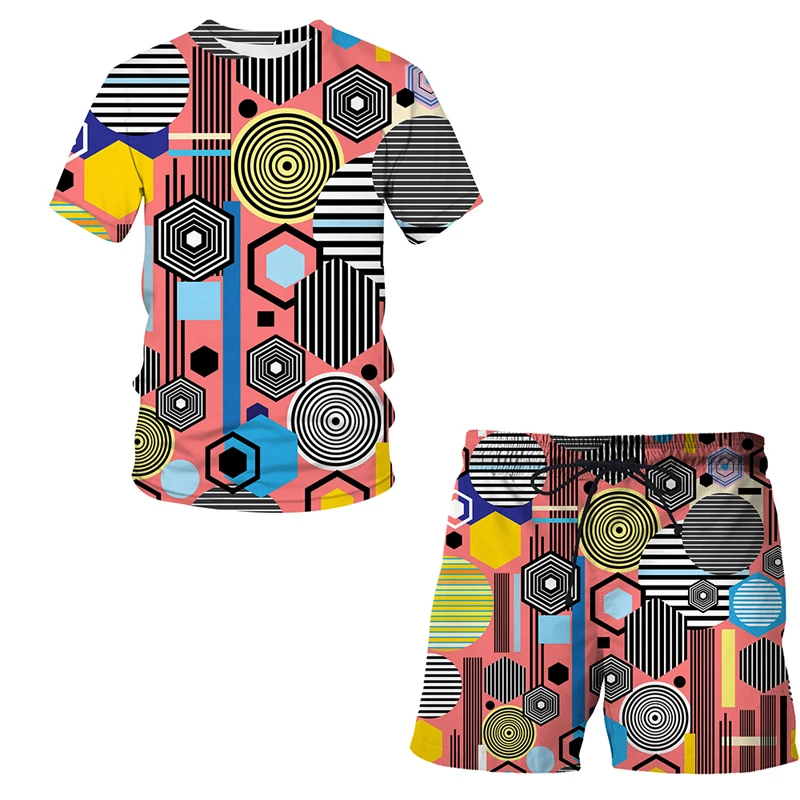 

2021 Men Casual Set Fashion 2 Pieces Suit Geometric pattern Short Sleeve T-shirt Shorts Sets Male Sportswear Tracksuit Sportsuit
