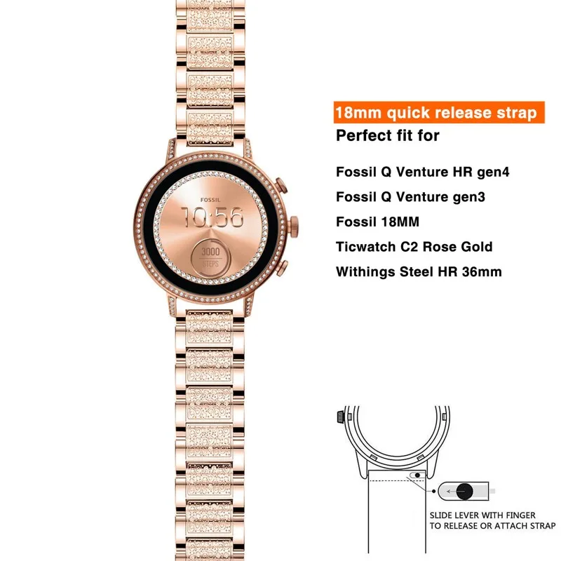 Для Fossil Q Venture Gen3/Gen4 HR/TicWatch C2 ремешок для часов 18 мм быстроразъемный металлический блестящий хрустальный Хрустальный Браслет
