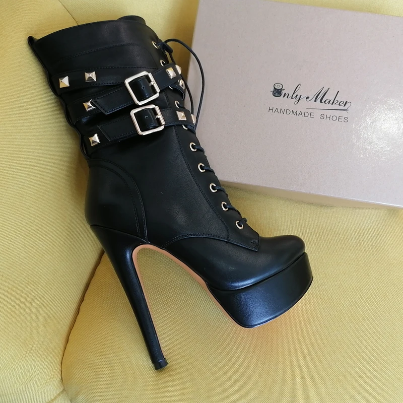 

Onlymaker Women's Platform Ankle Booties 16cm High Thin Heel Fashion Heels Metal Plates Buckle Side Zip Boots Lace Up Stilettos